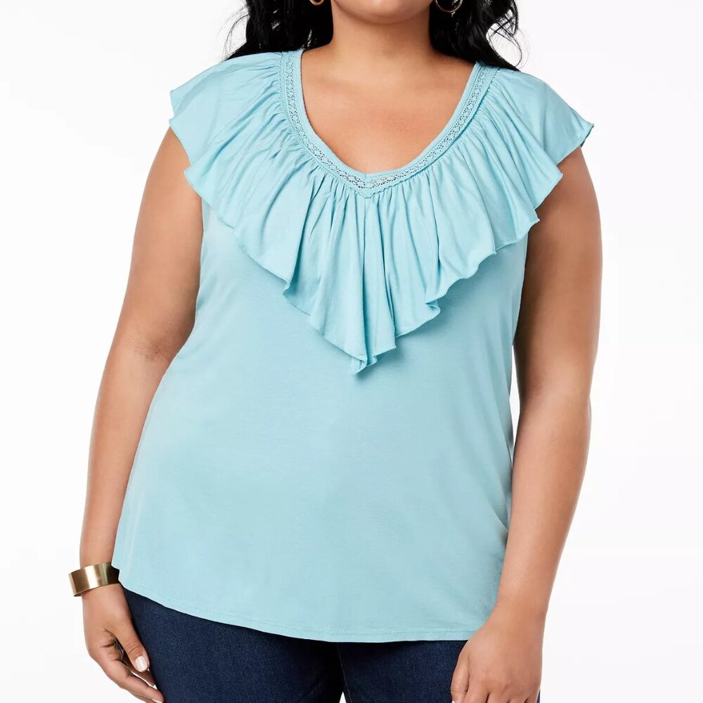 Style & Co, Ruffled V-Neck Top, Blue, Size 3X, NWT